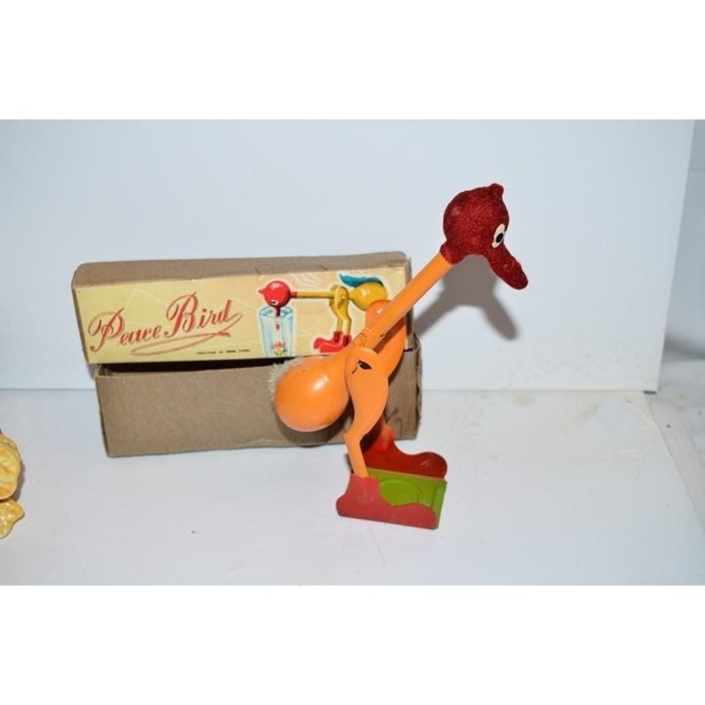 Vtg Tin Bobbing Peace Bird in Box Made In Japan Drinking Dippy Happy